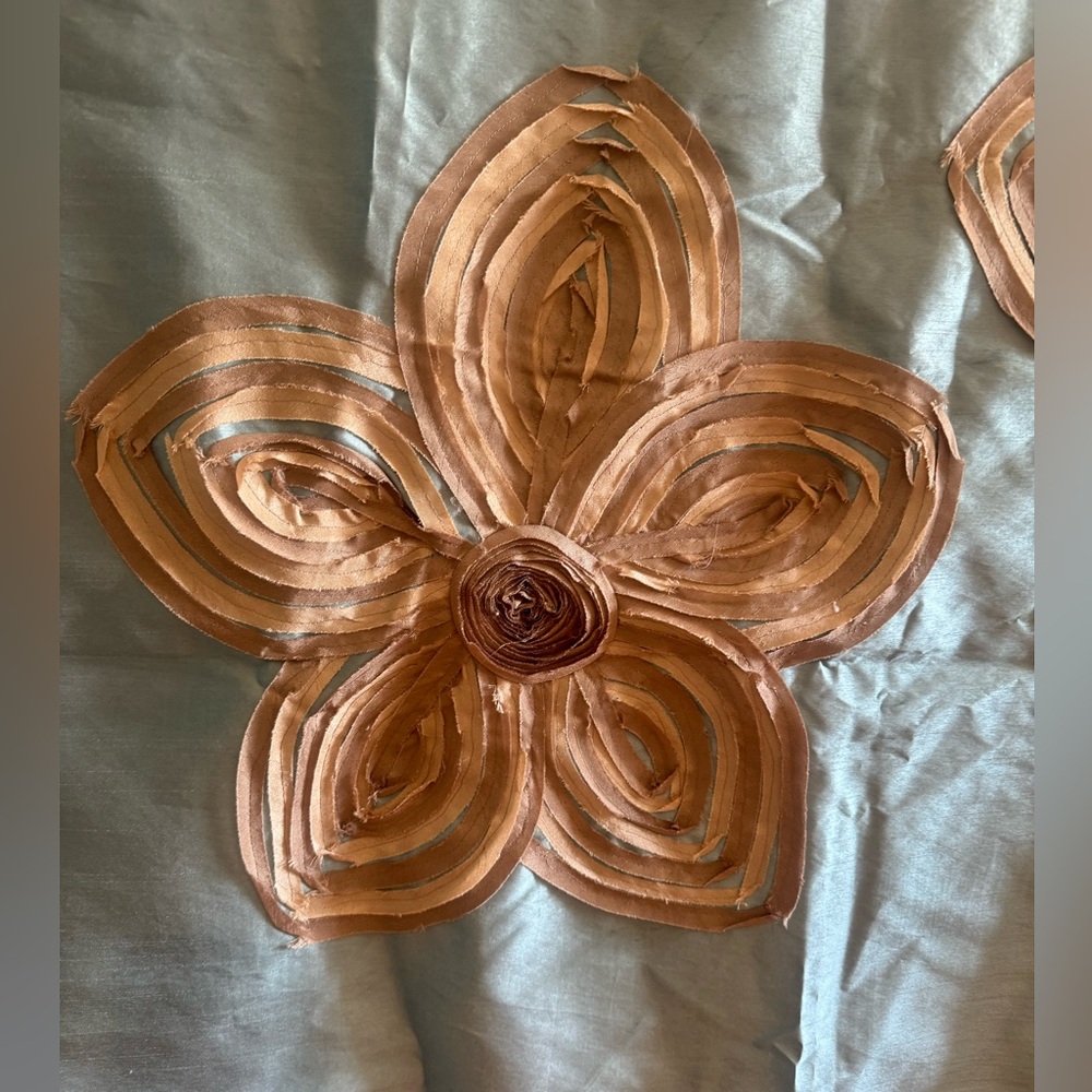 Fabric shower curtain in light teal with tan/gold flowers. - Picture 2 of 3